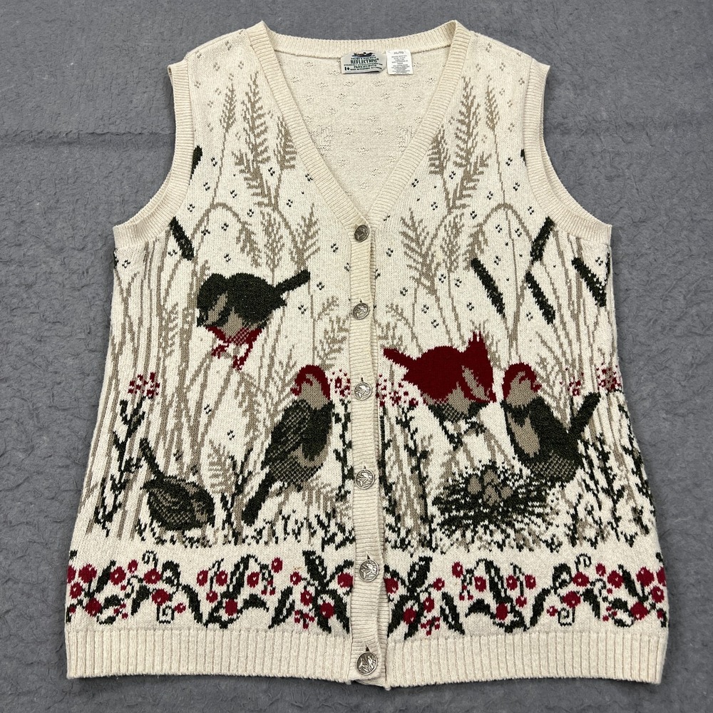 VTG Northern Reflections Womens Sweater Vest Women's XL Bird Floral Cottagecore